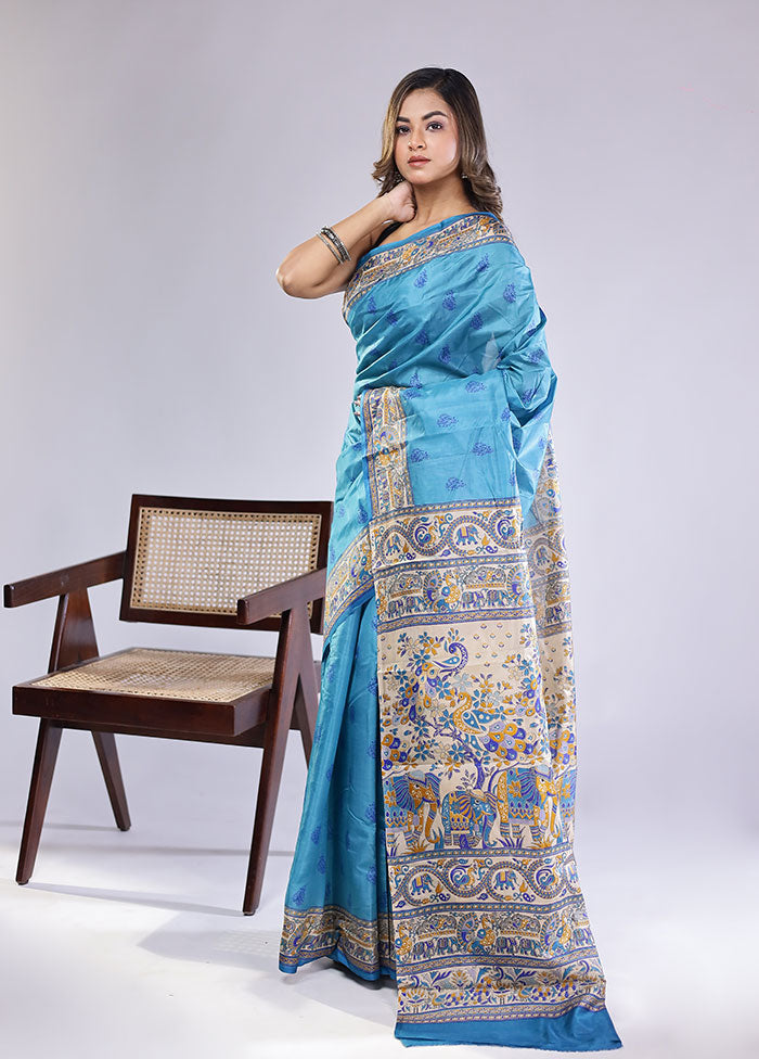 Blue Printed Pure Silk Saree Without Blouse Piece