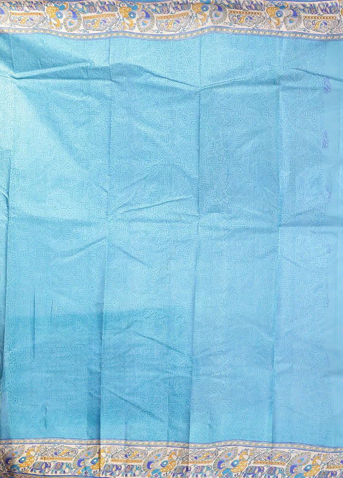 Blue Printed Pure Silk Saree Without Blouse Piece