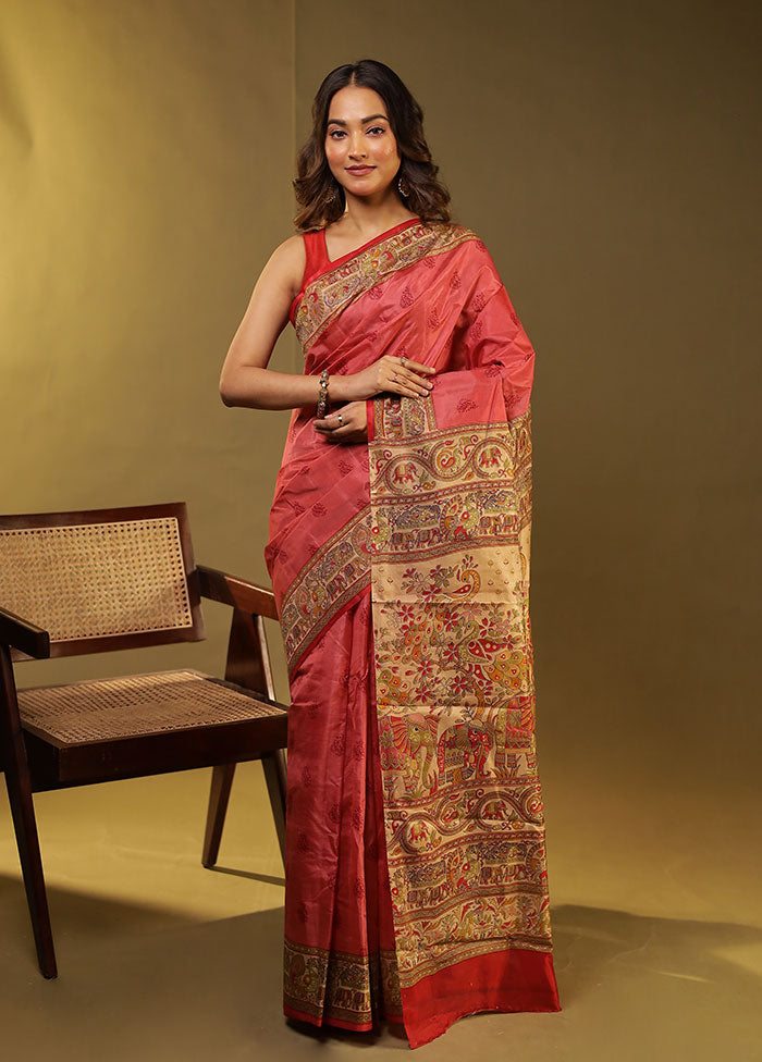Pink Printed Pure Silk Saree Without Blouse Piece