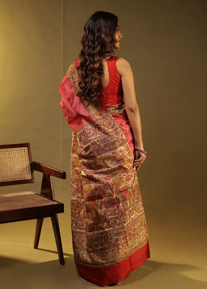 Pink Printed Pure Silk Saree Without Blouse Piece