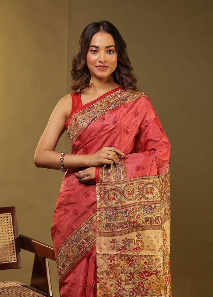 Pink Printed Pure Silk Saree Without Blouse Piece