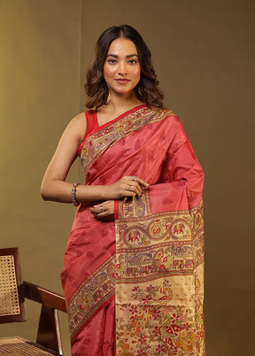 Pink Printed Pure Silk Saree Without Blouse Piece
