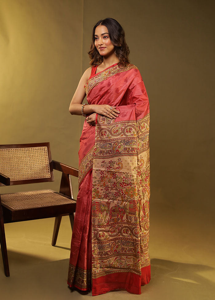 Pink Printed Pure Silk Saree Without Blouse Piece
