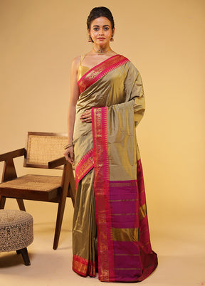 Cream Kanjivaram Silk Saree With Blouse Piece