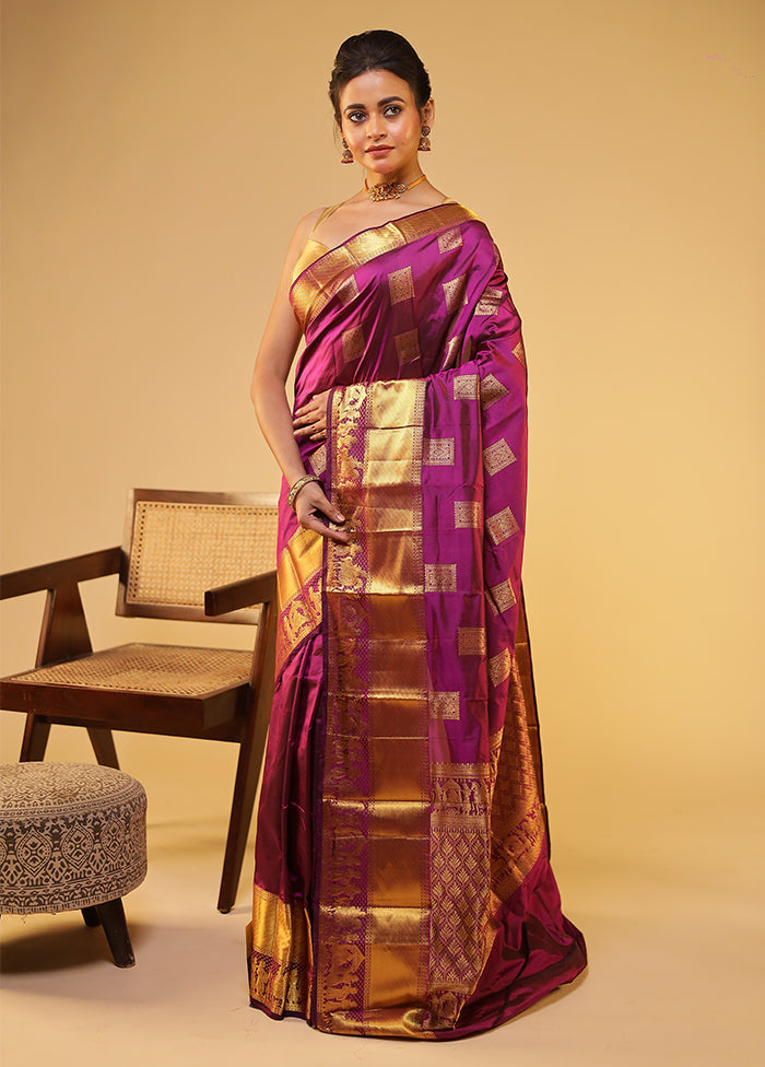 Purple Handloom Kanjivaram Pure Silk Saree With Blouse Piece