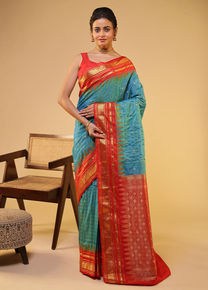 Blue Gadwal Pure Silk Saree With Blouse Piece