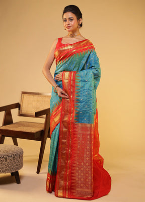 Blue Gadwal Pure Silk Saree With Blouse Piece