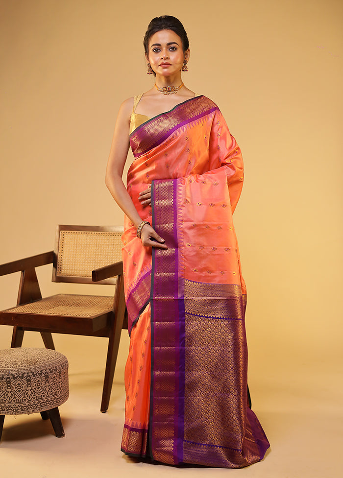 Orange Gadwal Pure Silk Saree With Blouse Piece