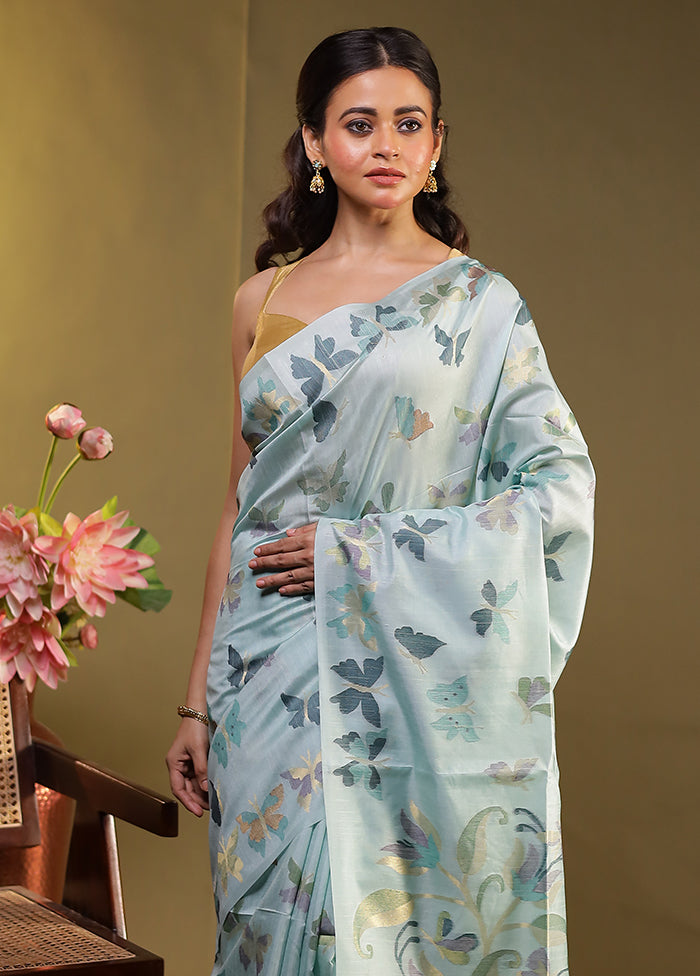 Blue Tussar Silk Saree With Blouse Piece