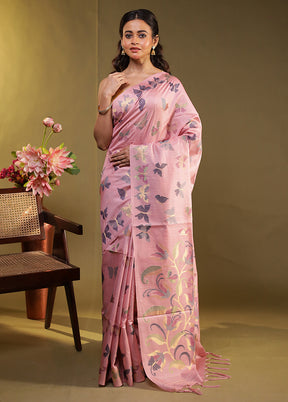 Pink Tussar Silk Saree With Blouse Piece
