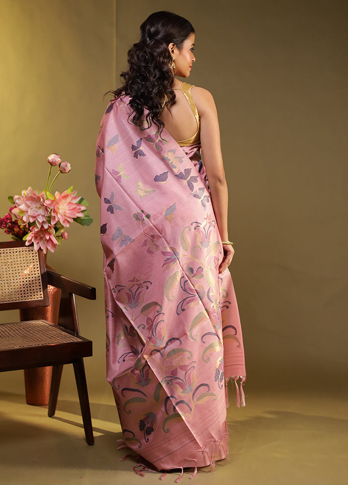 Pink Tussar Silk Saree With Blouse Piece