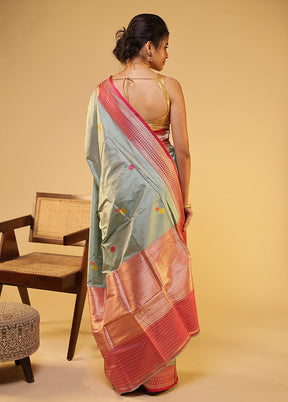 Grey Handloom Katan Pure Silk Saree With Blouse Piece