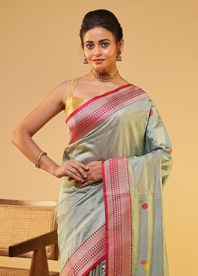 Grey Handloom Katan Pure Silk Saree With Blouse Piece
