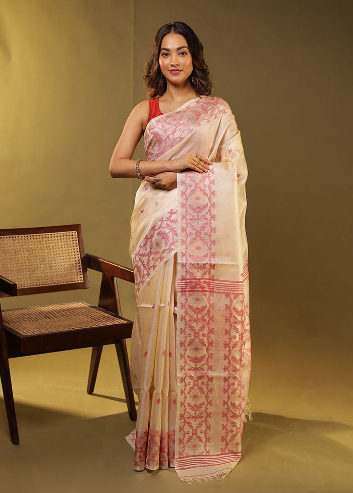 Cream Handloom Tussar Pure Silk Saree With Blouse Piece