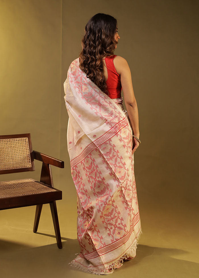 Cream Handloom Tussar Pure Silk Saree With Blouse Piece