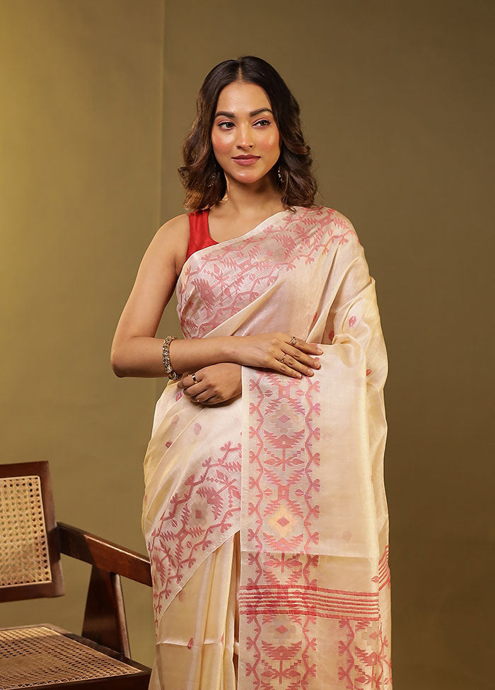 Cream Handloom Tussar Pure Silk Saree With Blouse Piece