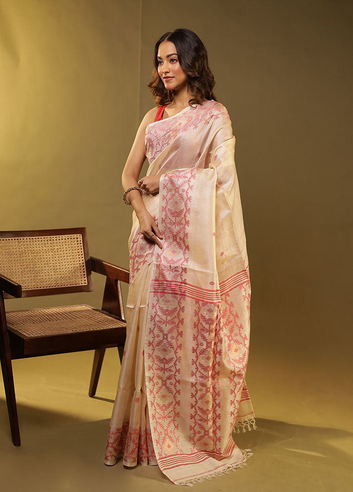 Cream Handloom Tussar Pure Silk Saree With Blouse Piece