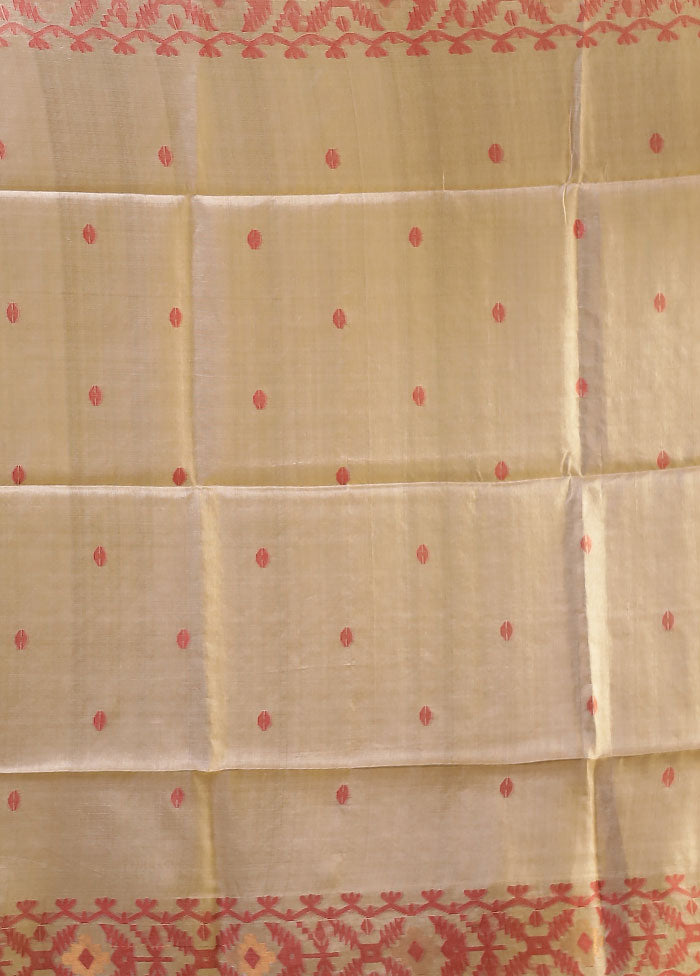 Cream Handloom Tussar Pure Silk Saree With Blouse Piece