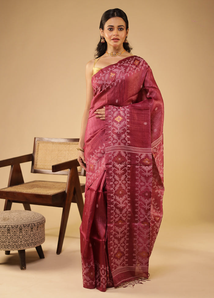 Maroon Handloom Tussar Pure Silk Saree With Blouse Piece