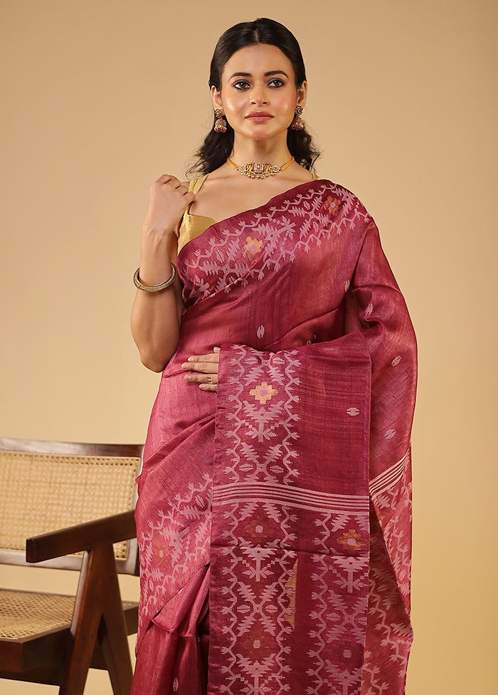 Purple Handloom Tussar Pure Silk Saree With Blouse Piece