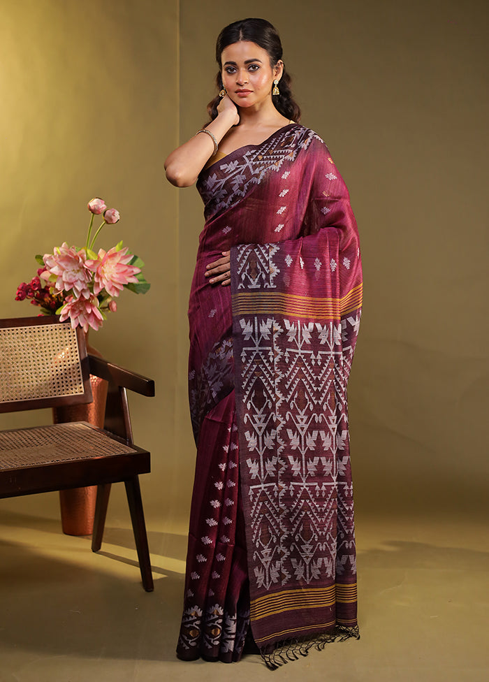 Maroon Handloom Tussar Pure Silk Saree With Blouse Piece
