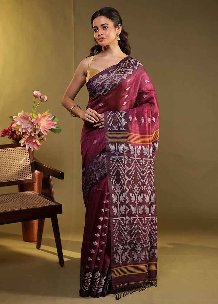 Maroon Handloom Tussar Pure Silk Saree With Blouse Piece