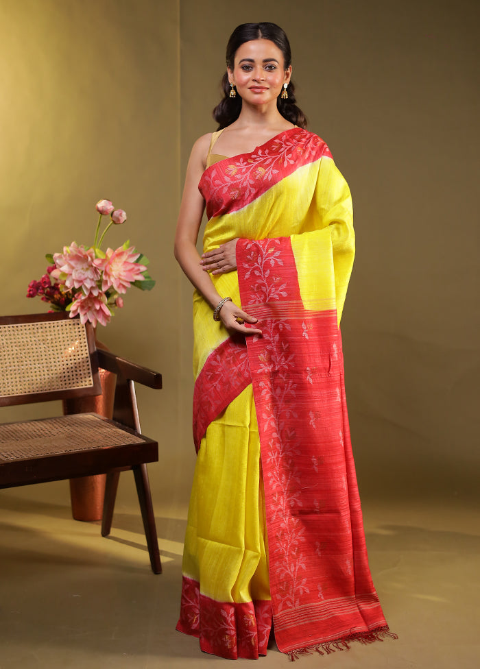 Yellow Handloom Tussar Pure Silk Saree With Blouse Piece