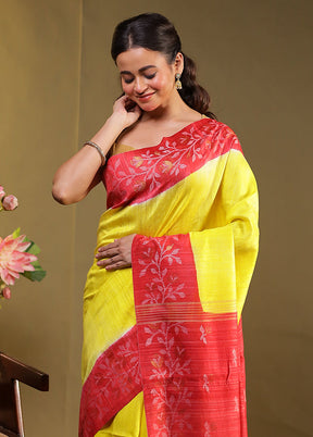 Yellow Handloom Tussar Pure Silk Saree With Blouse Piece