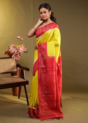 Yellow Handloom Tussar Pure Silk Saree With Blouse Piece