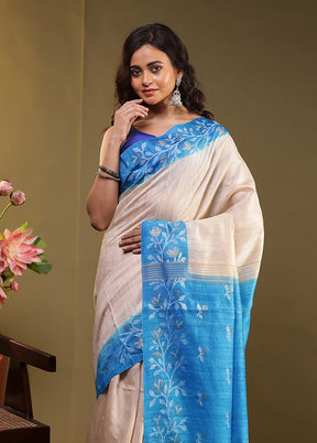 Blue Handloom Tussar Pure Silk Saree With Blouse Piece