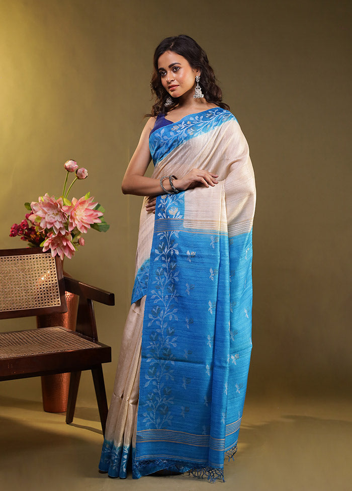 Blue Handloom Tussar Pure Silk Saree With Blouse Piece