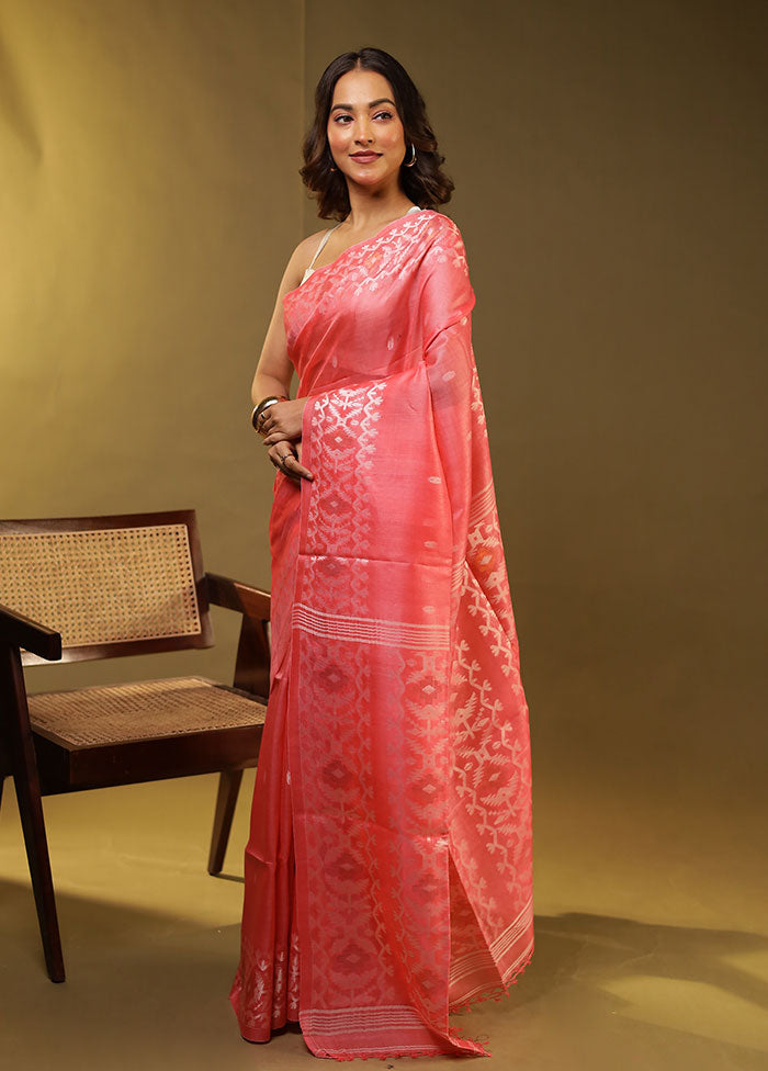 Pink Handloom Tussar Pure Silk Saree With Blouse Piece