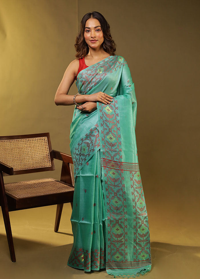 Green Handloom Tussar Pure Silk Saree With Blouse Piece