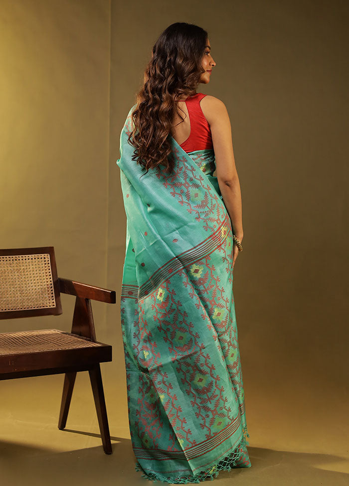 Green Handloom Tussar Pure Silk Saree With Blouse Piece
