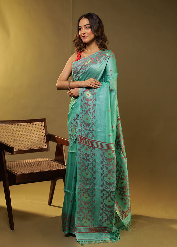 Green Handloom Tussar Pure Silk Saree With Blouse Piece