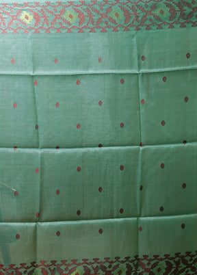 Green Handloom Tussar Pure Silk Saree With Blouse Piece