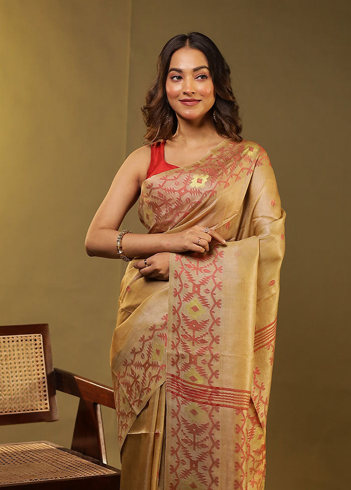 Cream Handloom Tussar Pure Silk Saree With Blouse Piece