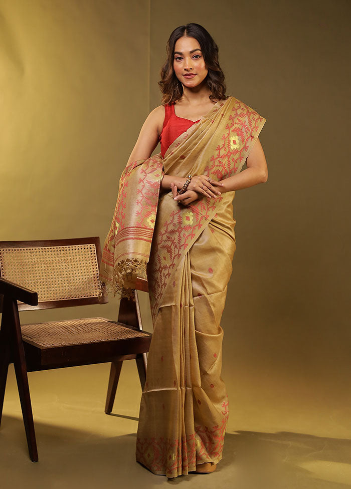 Cream Handloom Tussar Pure Silk Saree With Blouse Piece