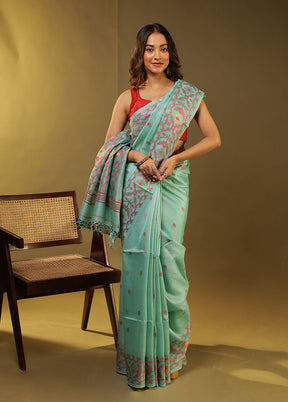 Green Handloom Tussar Pure Silk Saree With Blouse Piece