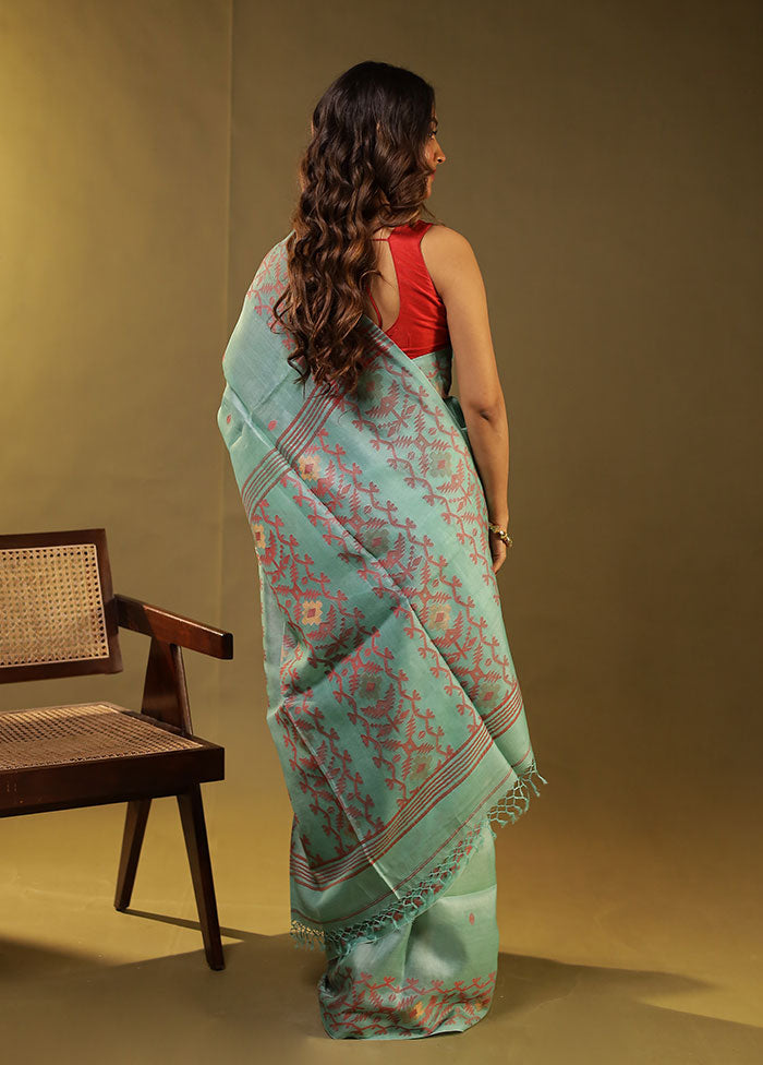 Green Handloom Tussar Pure Silk Saree With Blouse Piece