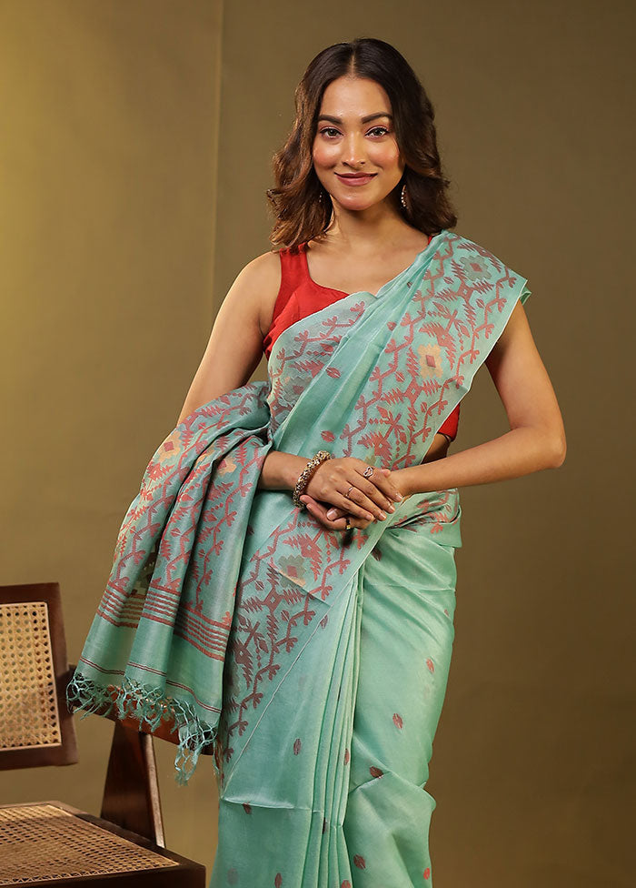 Green Handloom Tussar Pure Silk Saree With Blouse Piece