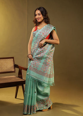Green Handloom Tussar Pure Silk Saree With Blouse Piece