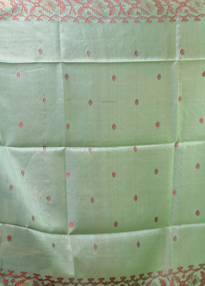 Green Handloom Tussar Pure Silk Saree With Blouse Piece