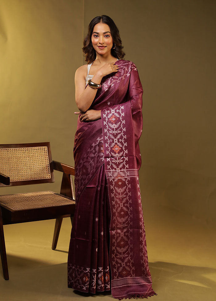 Purple Handloom Tussar Pure Silk Saree With Blouse Piece