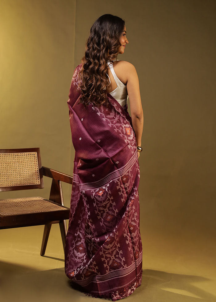 Purple Handloom Tussar Pure Silk Saree With Blouse Piece