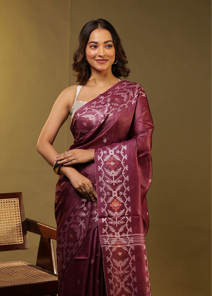 Purple Handloom Tussar Pure Silk Saree With Blouse Piece