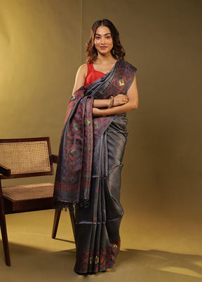 Grey Handloom Tussar Pure Silk Saree With Blouse Piece