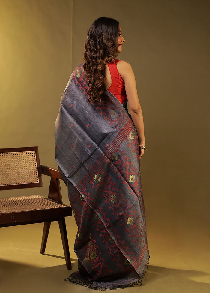 Grey Handloom Tussar Pure Silk Saree With Blouse Piece