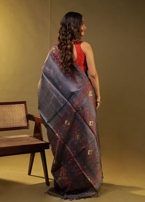 Grey Handloom Tussar Pure Silk Saree With Blouse Piece