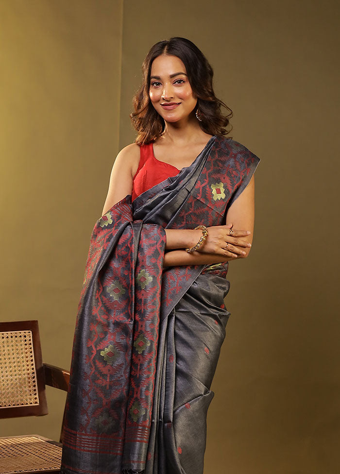 Grey Handloom Tussar Pure Silk Saree With Blouse Piece